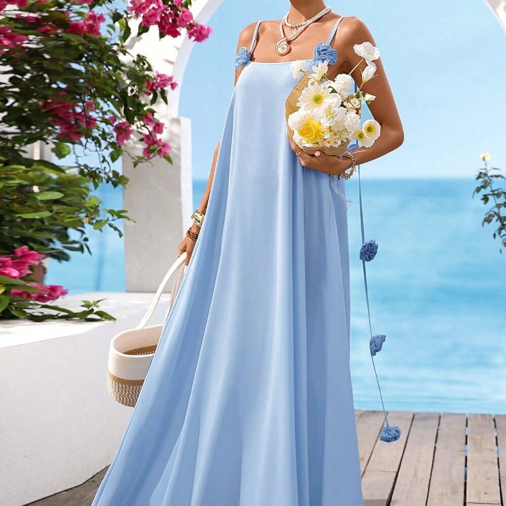 Blue Boho Women's 3D Flower Strap Maxi Sundress - Picture 2 of 7